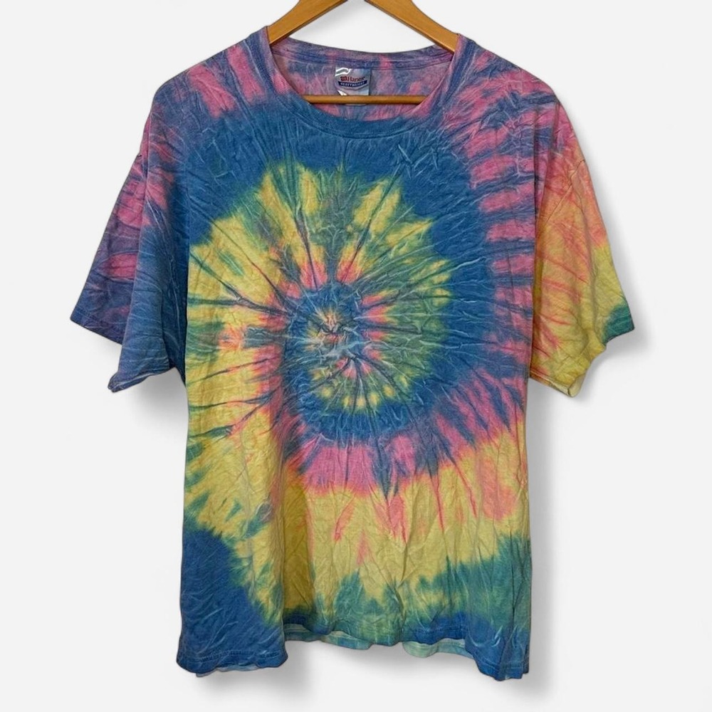 Vintage 90s Hanes Tie Dye Distressed Tshirt XL Multi Color Spiral Skate Tee